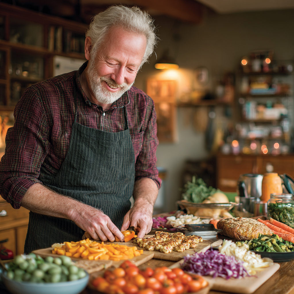 Чоловік 58 років готує здорову їжу на кухні, демонструє задоволення від процесу приготування збалансованого обіду з овочами та білками