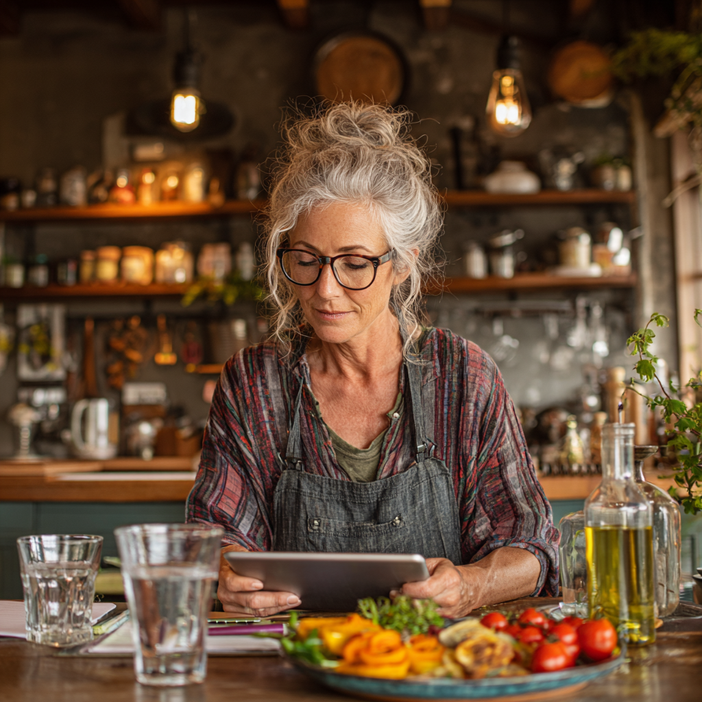 Жінка 60 років працює за столом з планшетом, переглядаючи план харчування, поруч стоїт склянка води та тарілка зі здоровою їжею