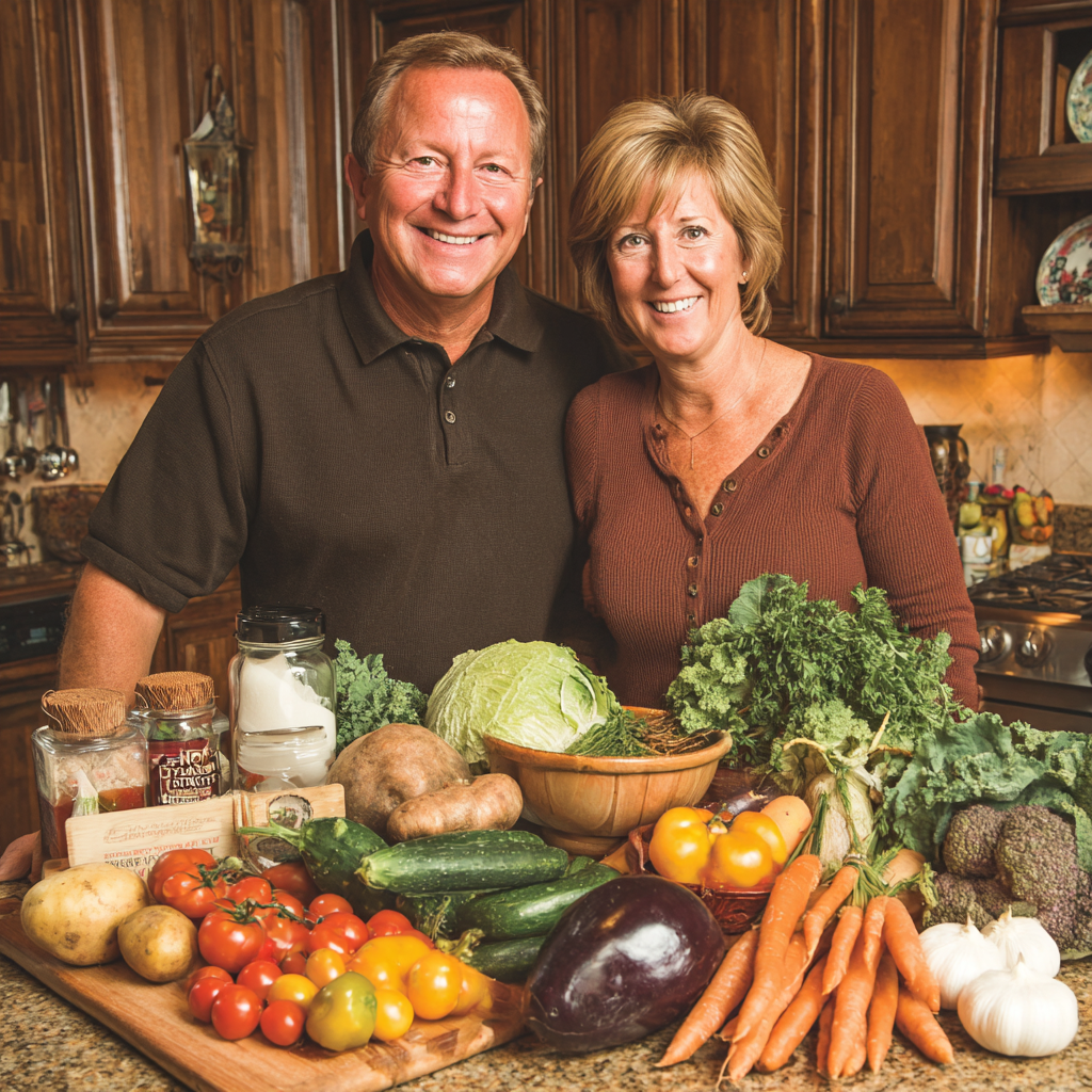 Пара 52 та 56 років разом готує корисну їжу, використовуючи свіжі інгредієнти за персональним планом харчування
