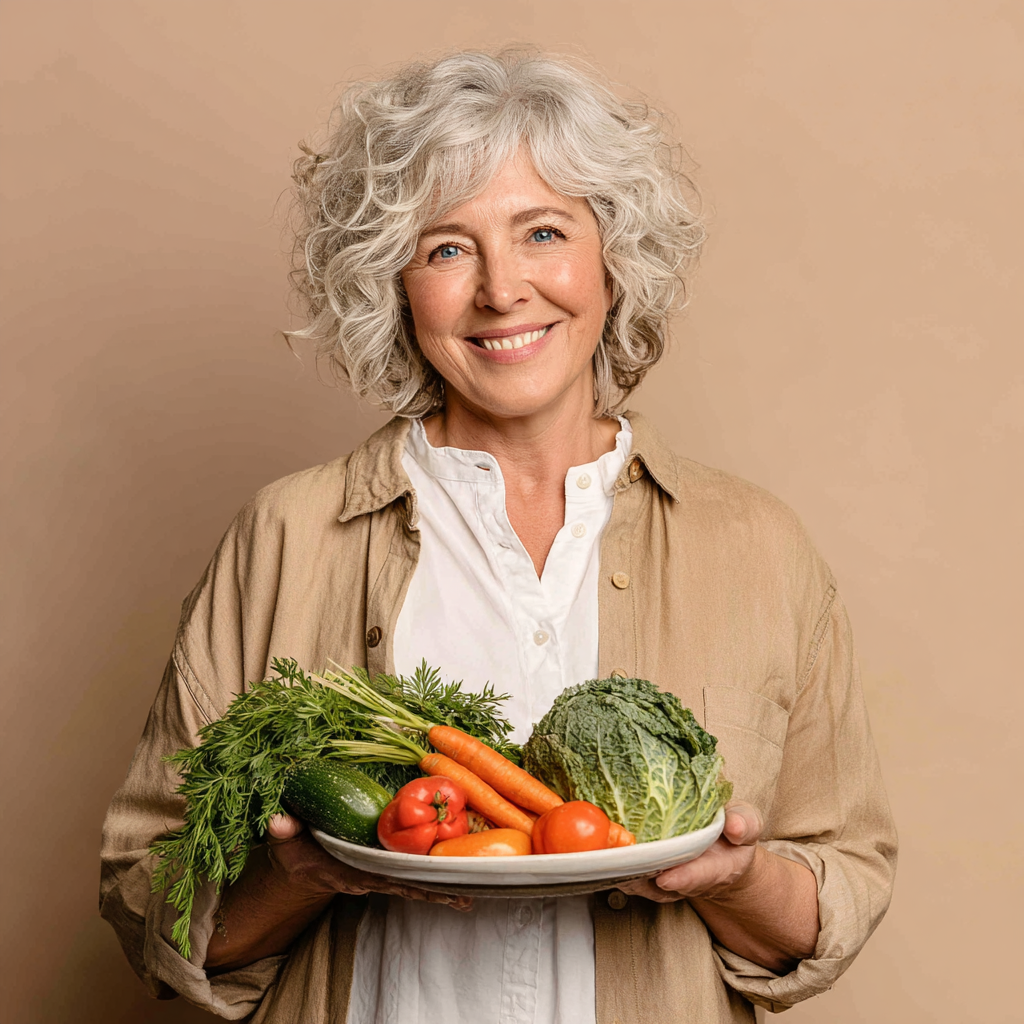 Усміхнена жінка 55 років тримає тарілку зі свіжими овочами та зеленню, демонструє енергійність та здоровий вигляд